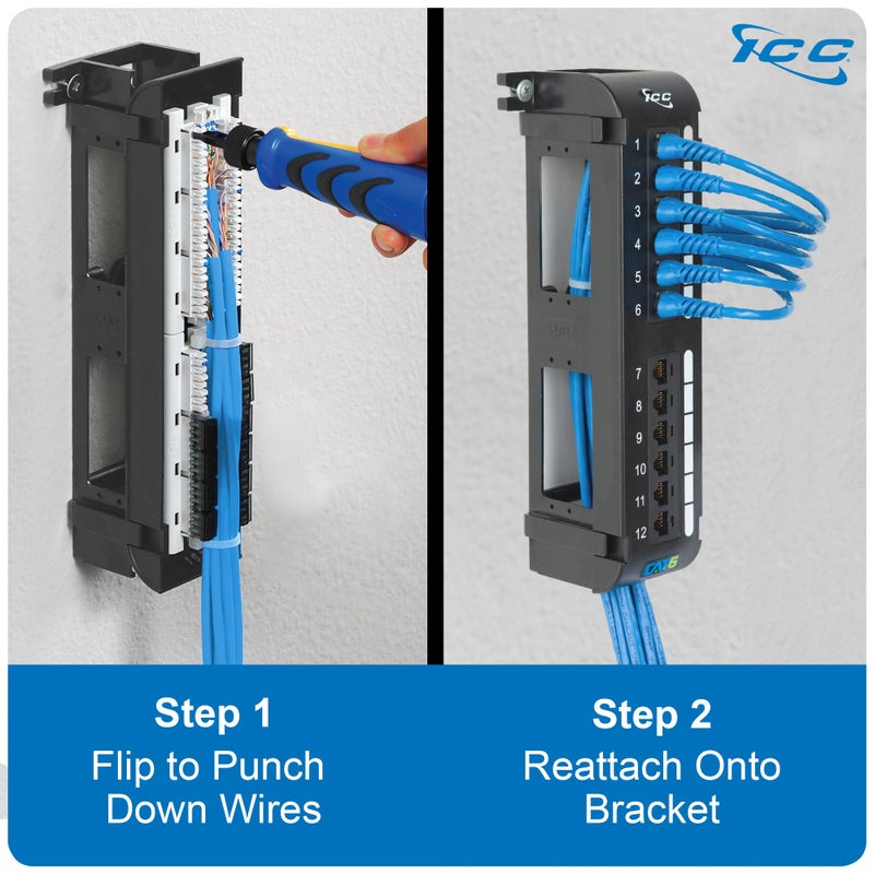 ICC CAT6 Patch Panel, UL Listed & PoE++ Rated Gigabit Applications, Wall Mount 12 Port Network Patch Panel with Rear 110 IDC Terminal Blocks and 89D Wall Mount Bracket, Black - Image 4